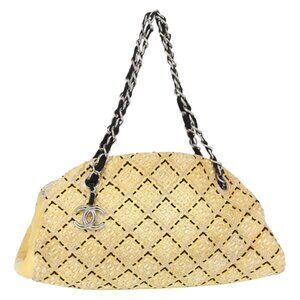 CHANEL Mademoiselle Chain Shoulder Bag Enamel Yellow Silver CC Auth bs30996